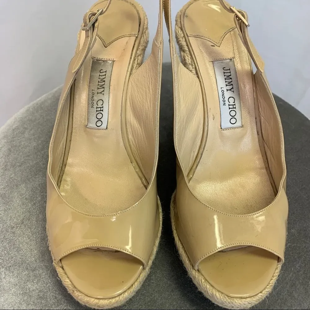JIMMY CHOO caramel Prova patent leather cork wedge sandals size 38.5